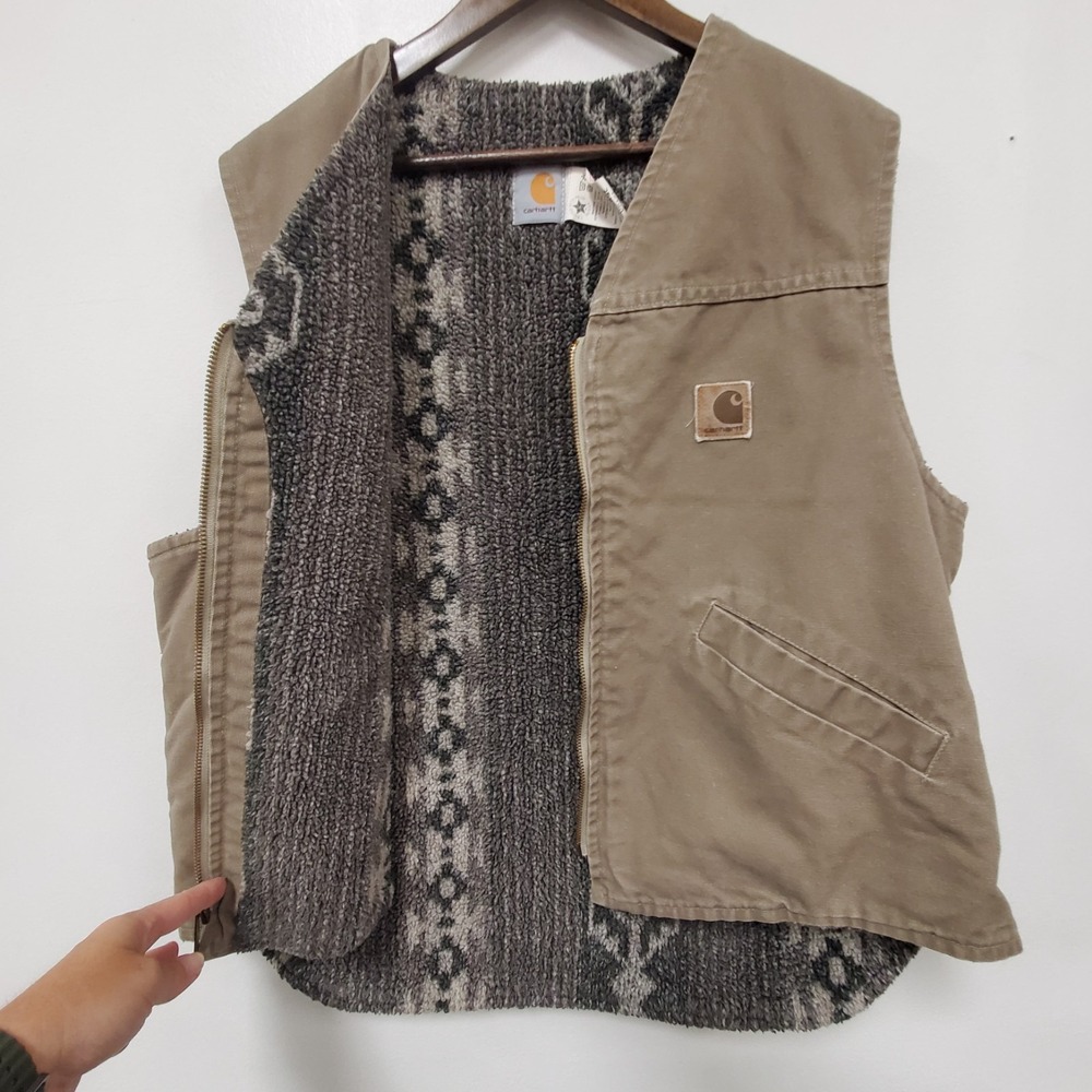 Vintage 90s Carhartt Vest Size XL Aztec Sherpa Lined Zip Union Made USA Tan Logo